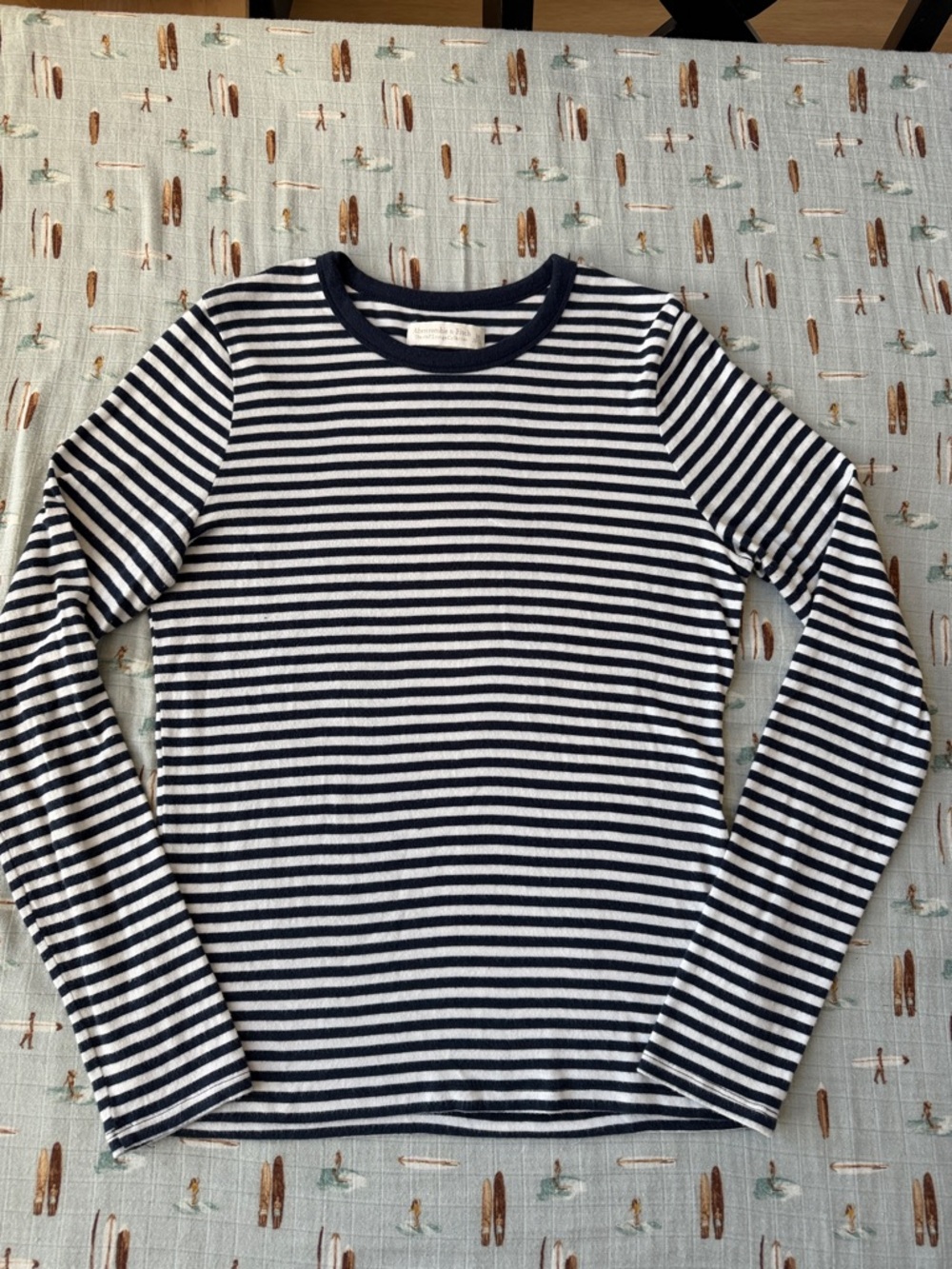 Abercrombie & Fitch Navy and White Striped Long-Sleeve Cotton Blend Top